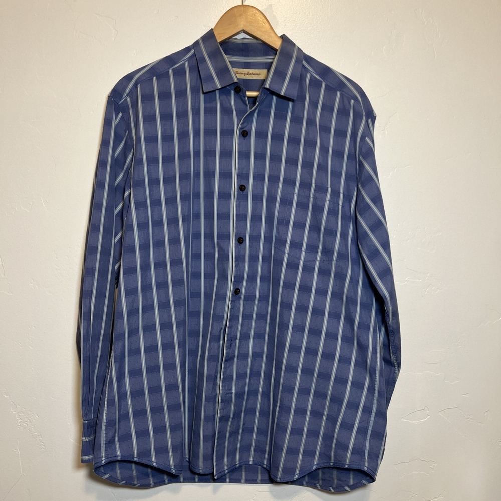 Tommy Bahama Mens L Cotton Silk Blend Button Down Shirt Blue Texture Long Sleeve - Picture 2 of 10